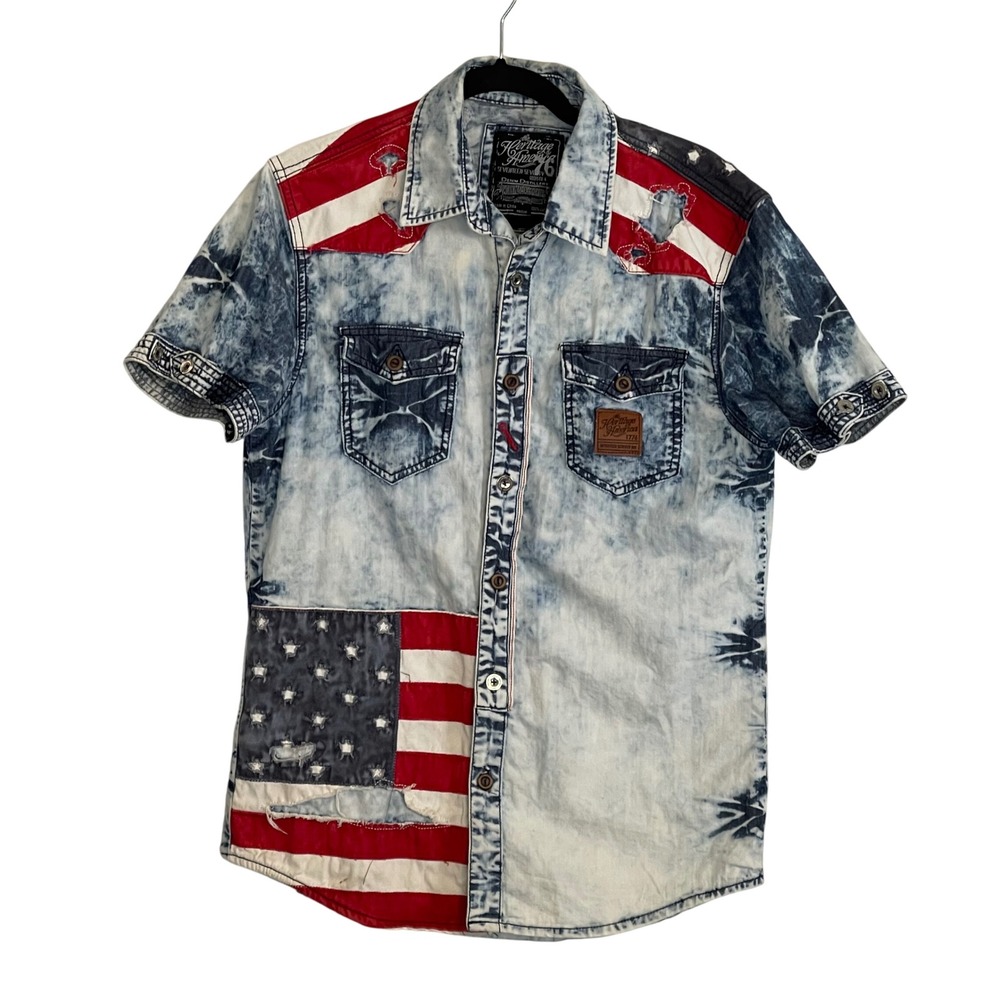 Heritage America 1776 Mens Acid Wash Denim American Flag Shirt Medium Blue Red